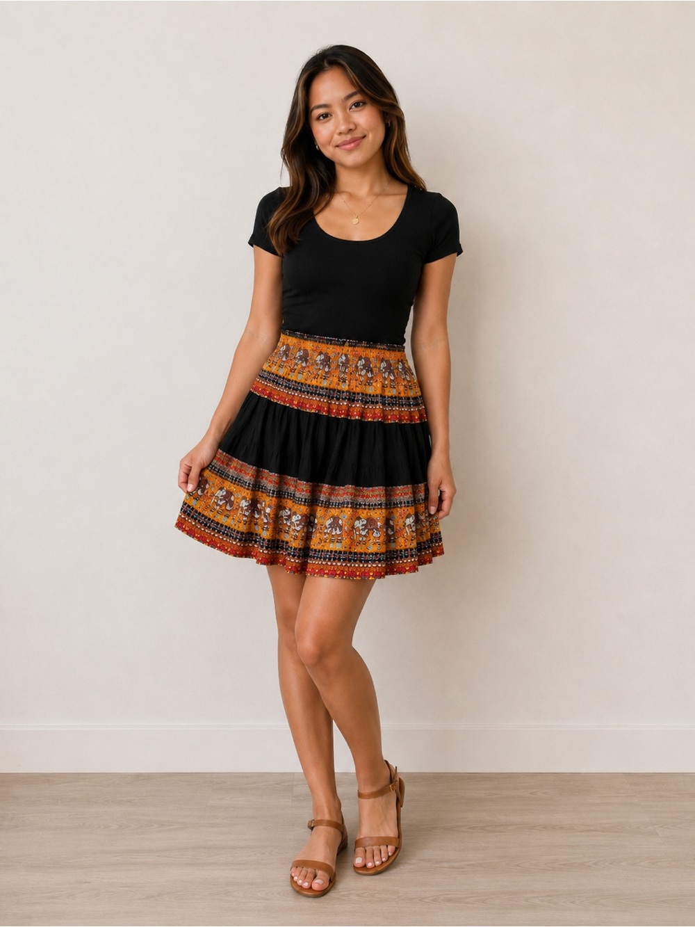 Boho Elephant Print Elastic Waist Short Skirt